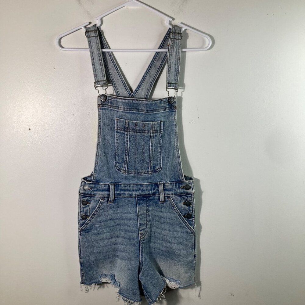 Womens Judy Blue Distressed Denim Short Overalls‎ S Stretch Raw Hem